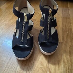 Michael Kors Black Wedge Sandals with Gold Zipper